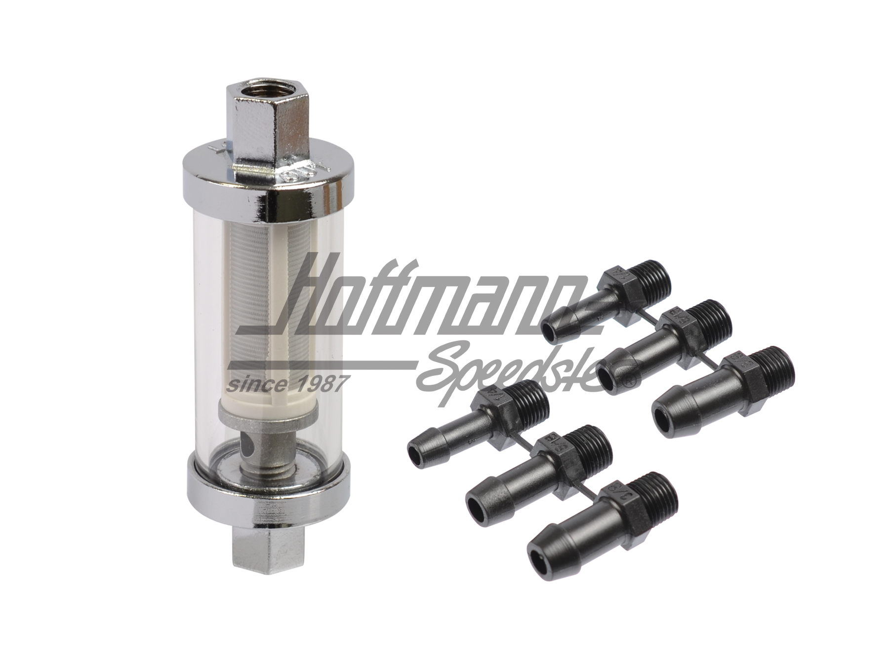 Filtro de gasolina, cromado/vidrio, 6/8/9.5mm | 00-9104-0 | 010-1254