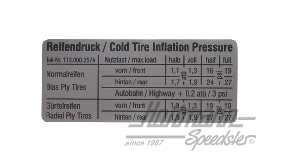 Pegatina "Reifendruck" (presión del neumático), Escarabajo / Karmann Ghia | 113 000 257 A | 021-0197